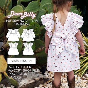 May include: A little girl wearing a white dress with a cherry print and a large bow on the back. The dress has ruffled sleeves and a V-neck. The image also shows a PDF sewing pattern with the text "Dear Billy" and dress design illustrations.