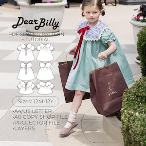 May include: A young girl wearing a light green dress with a blue floral collar and red ribbon, carrying brown paper shopping bags. The image includes text: "Dear Billy PDF Sewing Pattern + Tutorial" and dress pattern illustrations. Sizes: 12M-12Y.