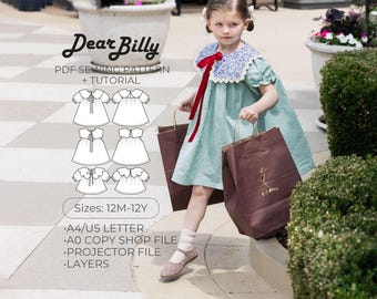Jurk en blouse met oversized kraag pdf naaipatroon 12 m-12 jaar | Mouw- en mouwloze opties