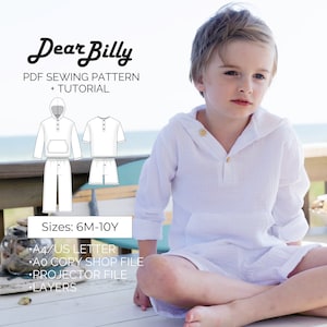 Op de afbeelding: Een wit getailleerd shirt met capuchon en broek naaipatroon voor kinderen, maten 6 maanden tot 10 jaar. Het patroon bevat instructies voor A4/US Letter, A0 kopieerwinkel, projector en gelaagde bestanden.