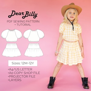 Peut inclure: Patron de couture PDF pour un ensemble haut court et jupe pour filles, avec un imprimé vichy et des manches bouffantes. Le patron comprend les tailles de 12 mois à 12 ans et est accompagné d'un tutoriel. Le patron est disponible aux formats A4/US Letter, A0 Copy Shop, Projector et en couches.