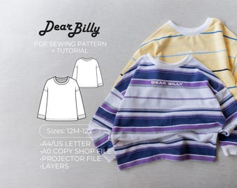 Kids Long Sleeve T-Shirt Sewing Pattern | Crew Neck Top | 12M–12Y | PDF Pattern