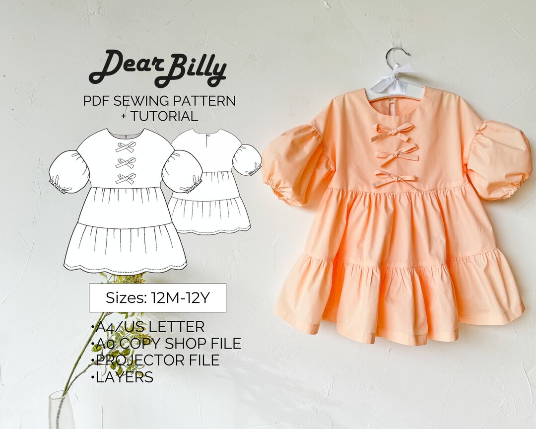 Girls Tiered Dress With Puff Sleeve and Bows PDF Sewing Pattern 12M-12Y ...