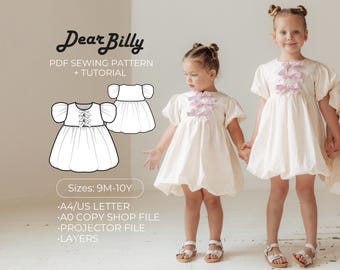 Bubble Hem Dress with Bows | Modern Puff Dress PDF Sewing Pattern | 9M–10Y