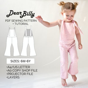 Op de afbeelding: Een PDF-naaipatroon voor een overall met een tutorial. Het patroon is voor maten van 6 maanden tot 6 jaar. Het patroon bevat A4/US Letter, A0 Copy Shop, Projector en gelaagde bestanden.