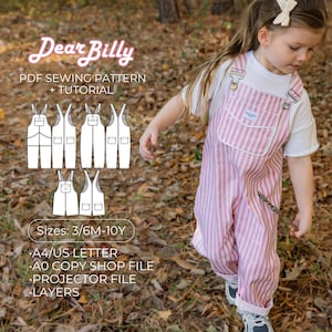 Op de afbeelding: Een jong kind draagt een roze en wit gestreepte overall met een wit t-shirt. De afbeelding bevat een naaipatroondiagram en de tekst "Dear Billy PDF Sewing Pattern + Tutorial" en "Maten: 3/6M-10Y".
