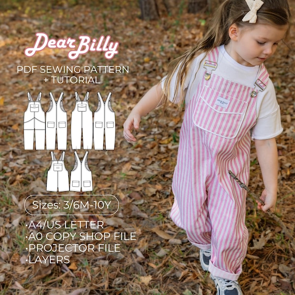 Kids Overalls Sewing Pattern PDF Short & Long | Baby Toddler Child | Sizes 3/6M-10Y