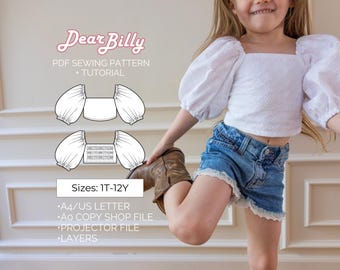Girls Puff Sleeve Top Sewing Pattern – Sizes 1T-12Y (PDF Pattern)