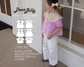 Blouse en jurk met oversized kraag meisjes PDF naaipatroon | Mouwloos en mouwloos | 12 M-12 jaar