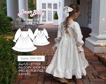 Girls Long Sleeve Tie-Back Maxi Dress PDF Sewing Pattern 12M-10Y