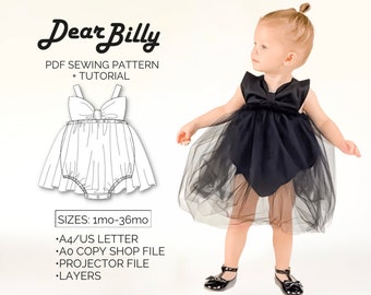 Tutu Bow Tie-Strap Romper PDF Sewing Pattern Sizes 1mo-36mo with projector file and layers