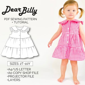 Tiered Ruffle Collar Girls Dress PDF Sewing Pattern Sizes 2T-10Y