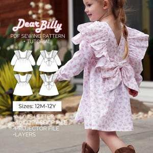 Girls Ruffle Dress Sewing Pattern: Sleeveless or Long Sleeve (PDF Download 12M-12Y)
