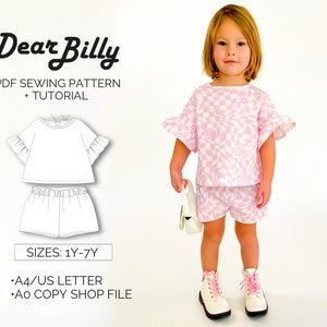 Girl set bundle ruffle sleeve top and shorts PDF Sewing Pattern