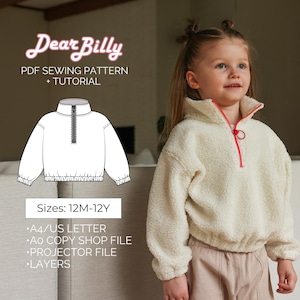 May include: A young girl wearing a cream-colored, fuzzy pullover with a red zipper and collar. The image includes a line drawing of the pullover and text that reads "Dear Billy PDF Sewing Pattern + Tutorial" and "Sizes: 12M-12Y."