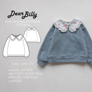 Pode incluir: Um moletom azul com gola estampada floral. A imagem inclui um desenho a traço do moletom e o texto "Dear Billy PDF Sewing Pattern + Tutorial". Texto adicional indica tamanhos de 12 meses a 12 anos e tipos de arquivo.