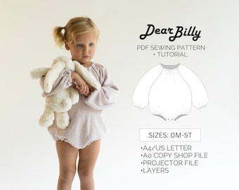 May include: A PDF sewing pattern for a baby onesie with a gathered neckline and long sleeves. The pattern includes a tutorial and is available in sizes 0-5T. The pattern is available in A4/US Letter, A0 Copy Shop, Projector, and layered formats.