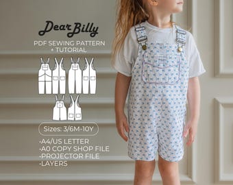 Kids Dungarees Sewing Pattern PDF Short & Long | Baby Toddler Child | Sizes 3/6M-10Y