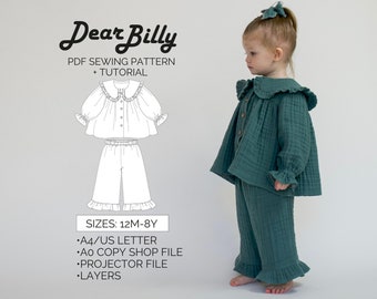 Ruffle Blouse and Pants Pajama Lounge Set Bundle Girls PDF Sewing Pattern Sizes 12M-8Y