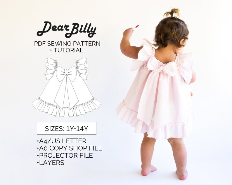 Girls Dress with Ruffles and Bow PDF Sewing Pattern 1Y-14Y image 1