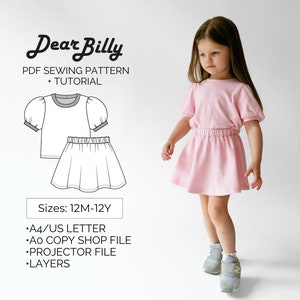 Lot de t-shirt et jupe pour fille, patron de couture PDF avec instructions, 12 mois à 12 ans