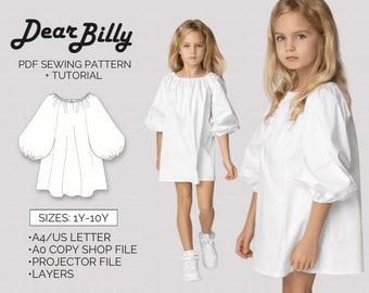 Puff Sleeve Girls Babydoll Dress PDF Sewing Pattern in Sizes 1Y-10Y +Tutorial