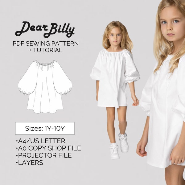 Robe babydoll pour filles à manches bouffantes Patron de couture PDF dans les tailles 1 à 10 ans + tutoriel