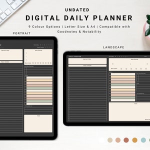 Könnte beinhalten: Eine digitale Tagesplaner-App auf einem Tablet-Bildschirm. Der Planer ist im Hochformat und zeigt eine tägliche Übersicht, einschließlich Abschnitten für wichtige Aufgaben, den heutigen Zeitplan und die Essensplanung. Die App ist kompatibel mit Goodnotes und Notability. Das Bild zeigt auch eine Auswahl von neun Farboptionen für den Planer.