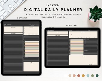 May include: A digital daily planner app on a tablet screen. The planner is in portrait mode and shows a daily overview, including sections for important tasks, today's schedule, and meal planning. The app is compatible with Goodnotes and Notability. The image also shows a selection of nine color options for the planner.