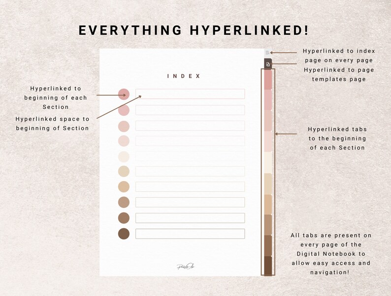 May include: A digital notebook index page with a white background and a brown and pink color scheme. The page has a column of colored circles on the left side and a column of colored rectangles on the right side. The circles and rectangles are hyperlinked to different sections of the notebook. The text "INDEX" is at the top of the page.