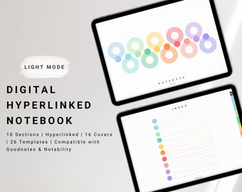 Puede incluir: Un cuaderno digital con una interfaz en modo claro. El cuaderno tiene 10 secciones, 16 portadas y 26 plantillas. Es compatible con Goodnotes y Notability. El cuaderno tiene un índice colorido con círculos de diferentes colores.