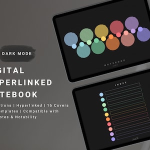 Op de afbeelding: Een digitaal notitieboek met een donkere modusinterface. Het notitieboek heeft 10 secties, 16 omslagen en 26 sjablonen. Het is compatibel met Goodnotes en Notability. Het notitieboek wordt weergegeven op een tablet met een kleurrijk cirkelvormig ontwerp.