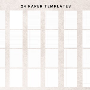 May include: 24 blank paper templates for planners, journals, or notebooks. The templates are arranged in a grid of 4 rows and 6 columns. Each template has a different style of lines or grid.