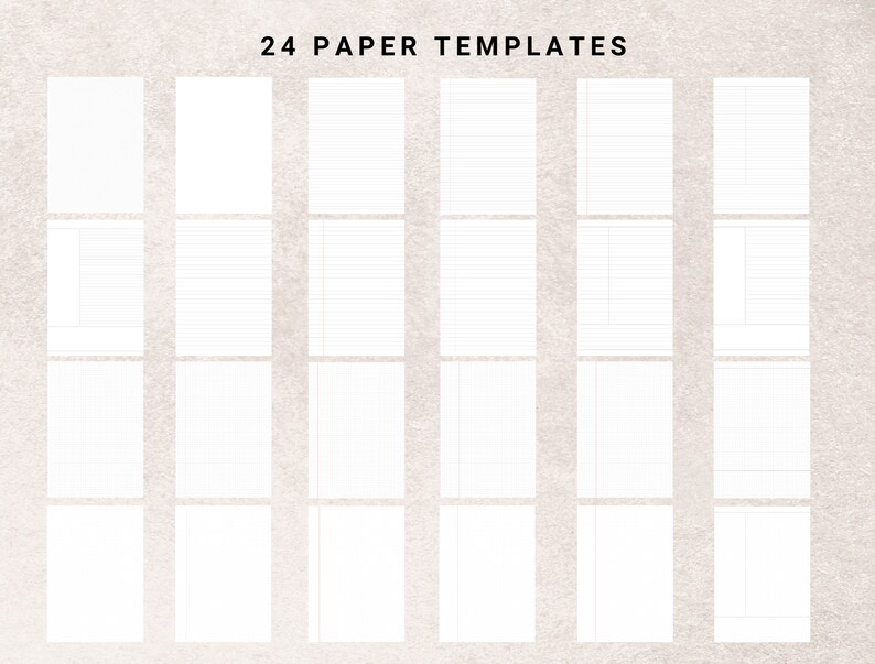 May include: 24 blank paper templates for planners, journals, or notebooks. The templates are arranged in a grid of 4 rows and 6 columns. Each template has a different style of lines or grid.