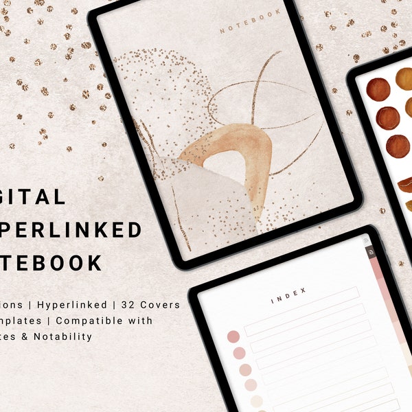 Digital Hyperlinked Notebook, Portrait, Aesthetic Notebook with Tabs, Goodnotes, Lined, Dotted, Grid, Cornell Note, iPad - bonus stickers