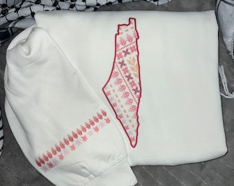 Palestinian VINYL IMAGE Outline Sweatshirt White/Pink Unisex -Palestine Shirt - Palestine Gift - Palestine Crewneck - Youth - Adult tatreez