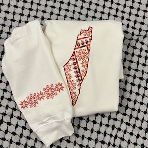 Chemise palestinienne contour VINYL IMAGE blanc/rouge unisexe - Chemise Palestine - Cadeau Palestine - Ras du cou Palestine - Jeune - Image Tatreez adulte