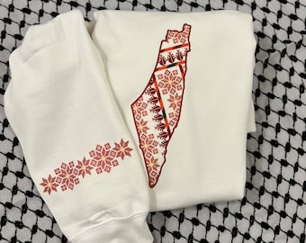 Palestinian VINYL IMAGE Outline Shirt White/Red Unisex -Palestine Shirt - Palestine Gift - Palestine Crewneck - Youth - Adult Tatreez Image