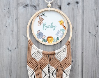 Embroidery-macramé safari theme with pretty hand-embroidered jungle animals, lion, elephant, giraffe, monkey, hippopotamus