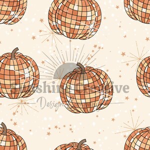 May include: A seamless pattern featuring orange and brown disco ball pumpkins on a beige background with gold glitter stars.