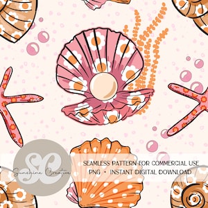 May include: Seamless pattern featuring pink and orange seashells with white polka dots and floral designs, starfish, and bubbles on a light pink background.  The text "SEAMLESS PATTERN FOR COMMERCIAL USE PNG INSTANT DIGITAL DOWNLOAD" is at the bottom of the image.