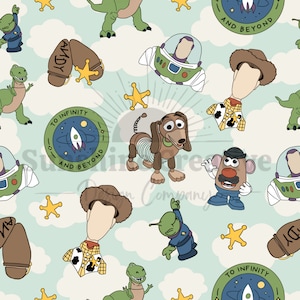 Op de afbeelding: Een kleurrijk patroon met personages uit de Toy Story-filmfranchise. Het patroon bevat Woody, Buzz Lightyear, Rex de dinosaurus, Slinky Dog, Mr. Potato Head en de alien. Het patroon bevat ook de zin "To Infinity and Beyond" en sterren. De achtergrond is lichtblauw.