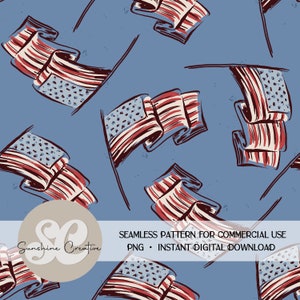 May include: Seamless pattern featuring red, white, and blue American flags on a blue background. The flags are drawn in a hand-drawn style, giving them a vintage look.  The pattern is perfect for creating patriotic crafts, home decor, and digital designs.