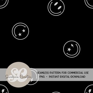 Lightning bolt smiley faces seamless PNG, black and white repeat pattern, groovy smile faces digital download for fabric