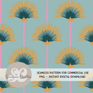 Op de afbeelding: Een naadloos patroon met gestileerde waaierachtige vormen in teal en goud, tegen een lichtblauwe achtergrond met verticale roze strepen. De tekst "SEAMLESS PATTERN FOR COMMERCIAL USE PNG • INSTANT DIGITAL DOWNLOAD" is inbegrepen.