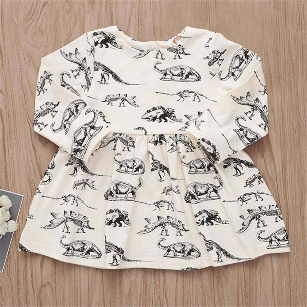 TMEOG Kids Girls Dresses Short/Long Sleeve Cute Dinosaur Animal Print Summer/Autumn Dress 1-7 Years 