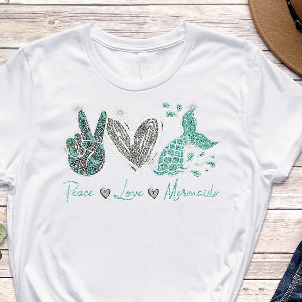 Peace Love Mermaid T-Shirt, Mermaid Party Shirt, Mermaid Birthday TShirt, Bridal Party Gift Shirt, Cute Mermaid Tee, Trendy Vacation T-Shirt