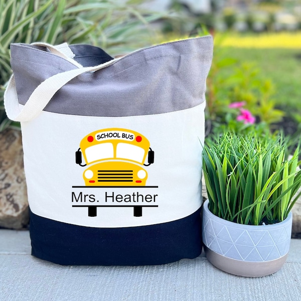 Customized Bus Driver Bag, Gift for Women, Canvas Tote Bag, Bus Driver Bag, Personalized Name Bus Driver Gift, Leather Name Tag, School Bags