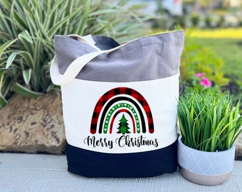 Merry Christmas Tote Bag, Rainbow Christmas Tote Bag, Holiday Gift Bag, Merry Christmas Tote Bag, Christmas Gift, Women Gift Tote Bag