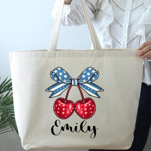 Custom 4th of July Tote Bag, Red White And Blue Tote Bag, Coquette Cherry Tote Bag, Independence Day Tote Bag, Patriotic Tote Bag